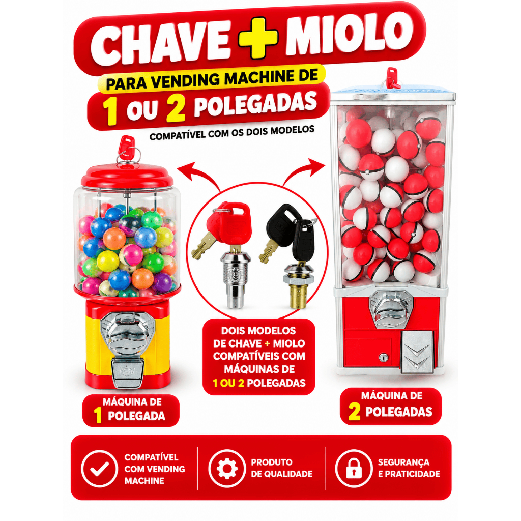 Chave + miolo Fechadura Para Máquina De Bolinha Chicletes Capsula Vending Machine 1 ou 2 Polegada
