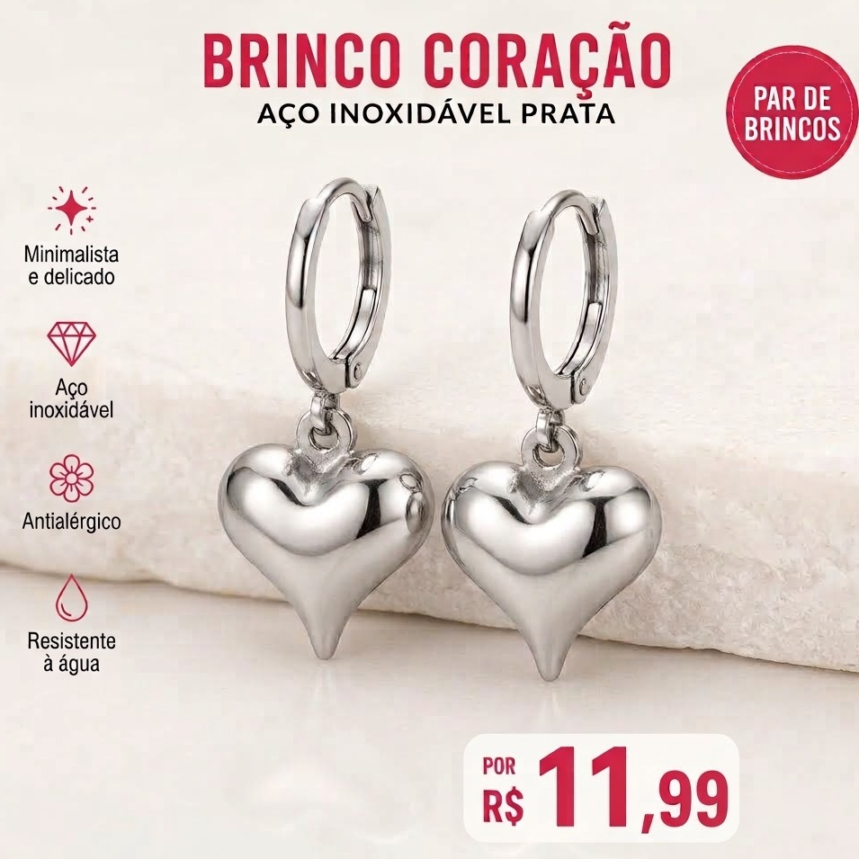 Brinco Feminino Argolinha  Coração Aço Inoxidável Cirúrgico Uso diário Antialérgico