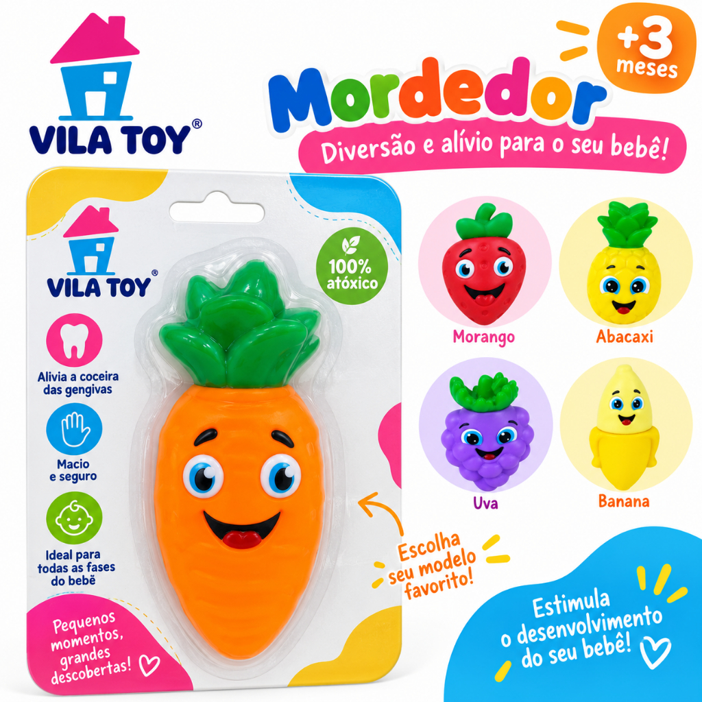 Chocalho e Mordedor Frutinhas Vila Toy Alívio e Diversão Bebê Estímulo Sensorial Lúdico Seguro Livre de BPA