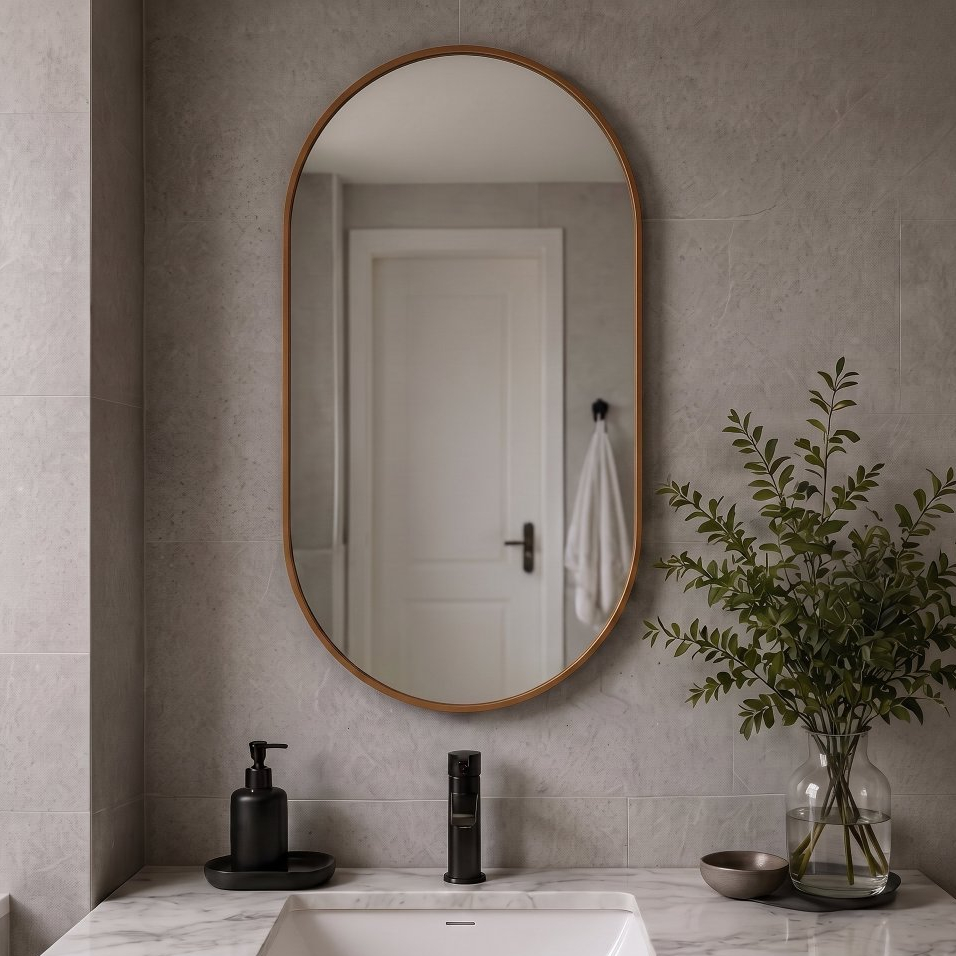 Espelho Oval Com Couro 80x50 Polido Moderno Decorativo Luxo C/ Suporte Parede Banheiro Quarto Sala