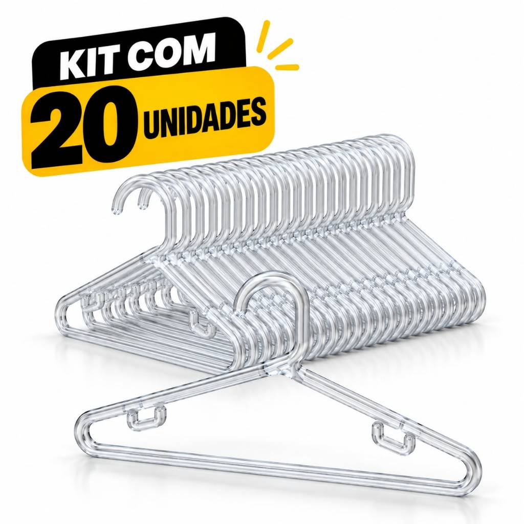 Kit 20 Cabides Adulto Cristal Reforçado Premium 10mm Antideslizante Organizador Roupas