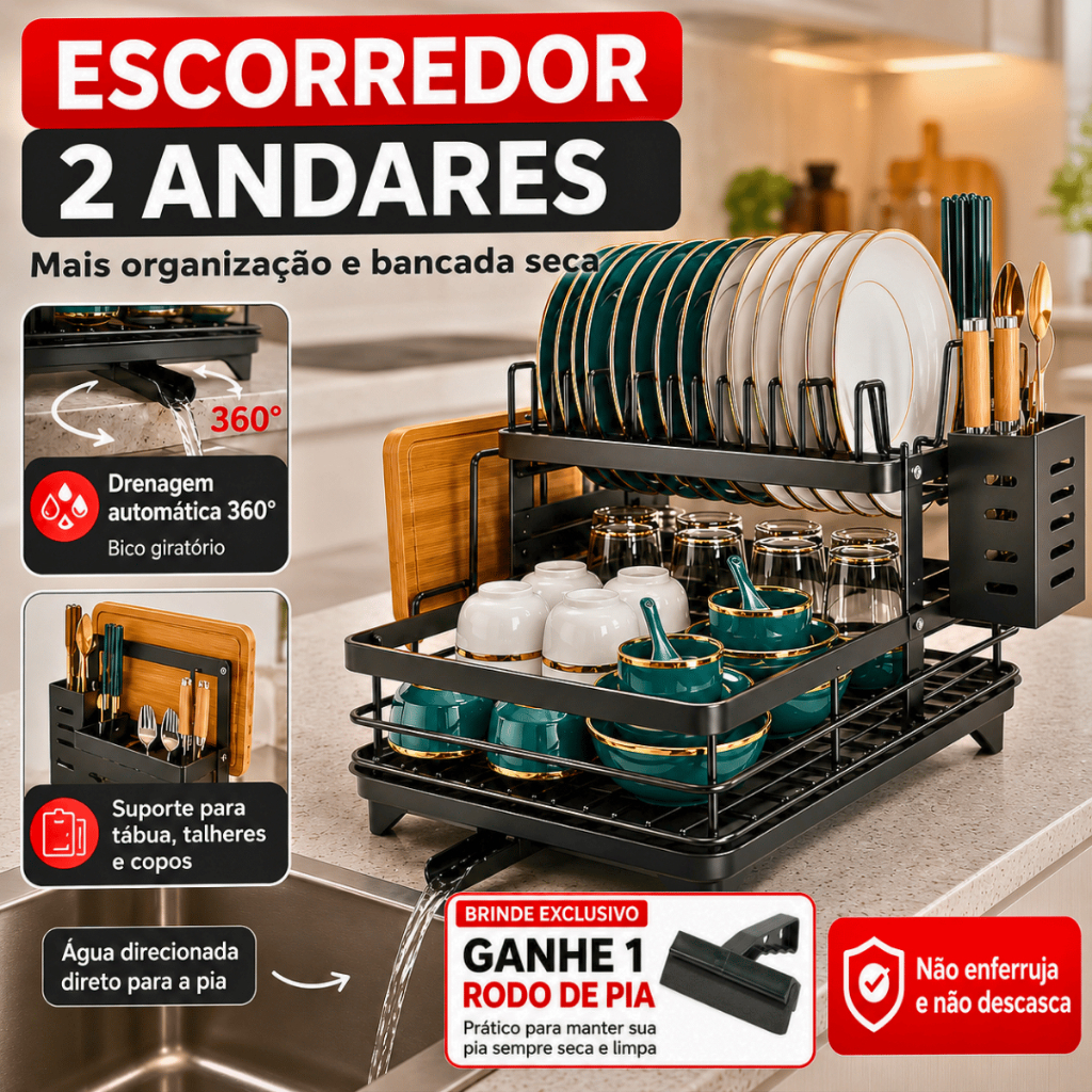 Escorredor de Louça Inoxidável 2 Andares Drenagem Automática Rack Bandeja 360º Pia Organizador