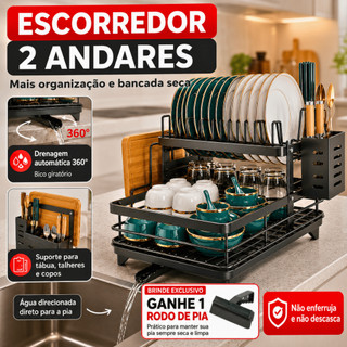 Escorredor de Louça Inoxidável 2 Andares Drenagem Automática Rack Bandeja 360º Pia Organizador