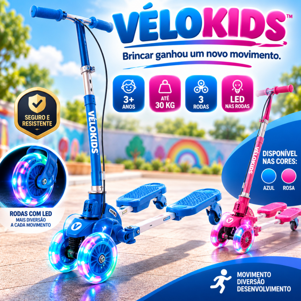 Patinete Infantil Dobrável 3 Rodas com LED ROSA e AZUL Guidão Ajustável até 30kg 3+ Anos