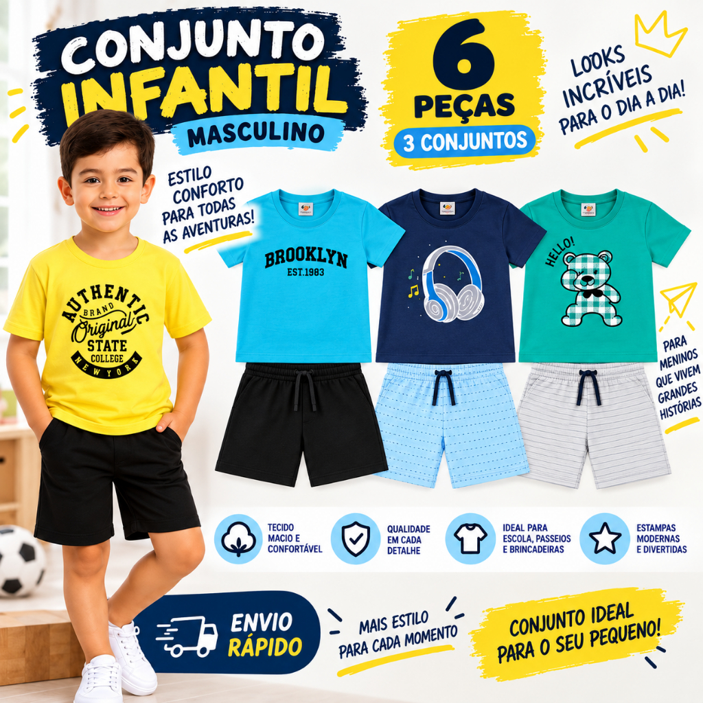 Kit 6 Peças Infantil Menino Verão – 3 Conjuntos Camiseta + Bermuda Sortidos