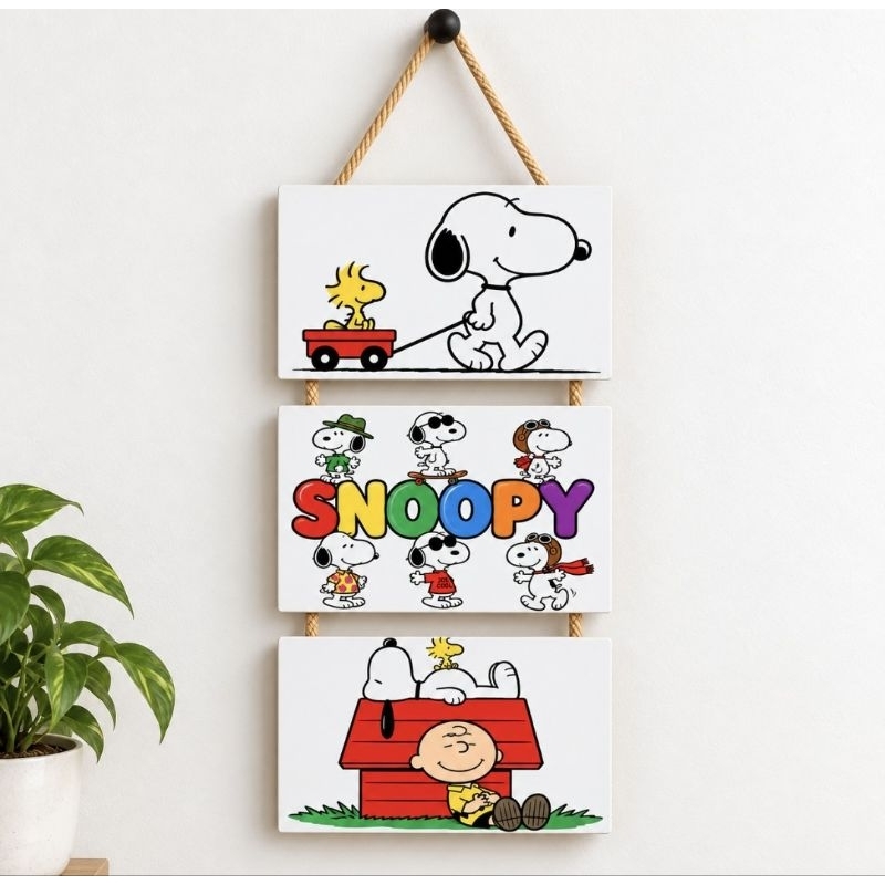 Kit 3 Plaquinhas Decorativas Snoopy Infantil MDF 10x15cm com Corda de Sisal 🐶❤️