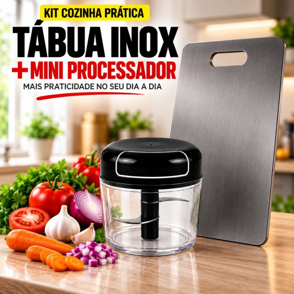 Tábua Corte Inox Carne Frutas Frango + Mini Triturador Processador Manual Alho Cebola Kit Cozinha