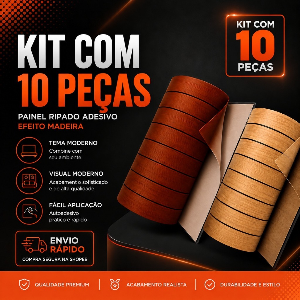 Kit 10 Painéis Ripados PE Autoadesivo 3m x 40cm - Revestimento Decorativo Parede Sala Quarto Cozinha