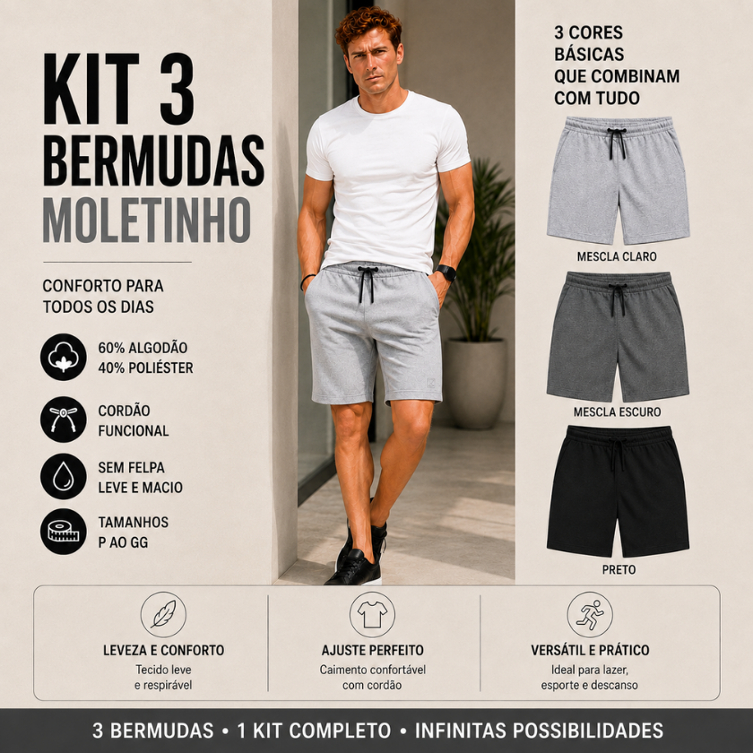 Kit 3 Bermuda Shorts Masculinas Moletinho Moletom Academia Treino Confortável Dia a Dia Casual Com Bolso