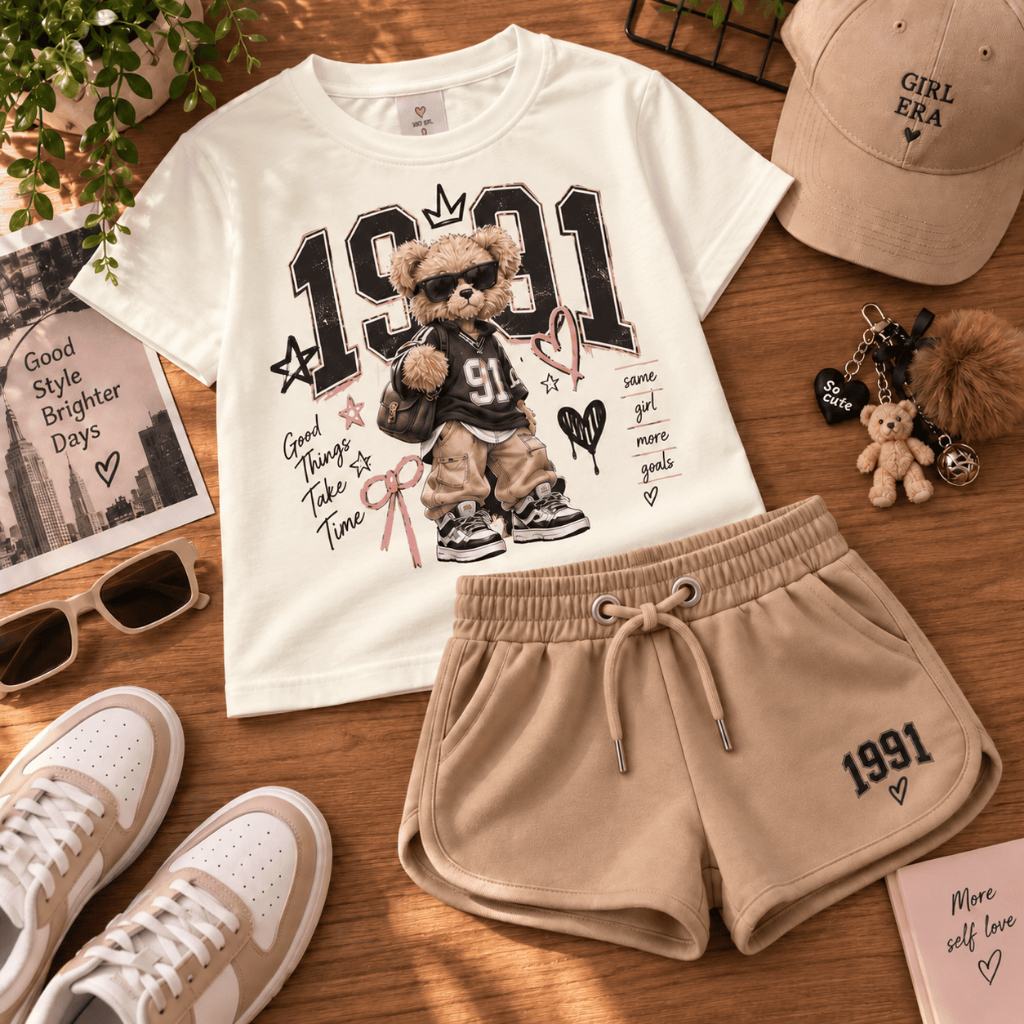 Conjunto Infantil Feminino Camiseta Estampada + Short Moletinho Menina Confortável e Estiloso
