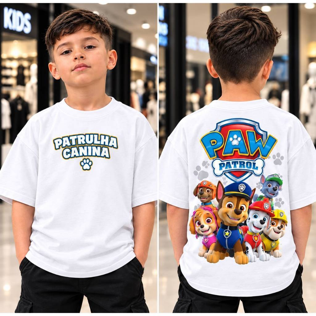 🐶 Camiseta Patrulha Canina Infantil | Camisa Menino Estampada Estilo Oversized Branca