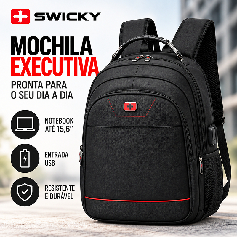 Mochila Executiva Masculina Swicky Notebook 15,6 Reforçada USB Trabalho Faculdade