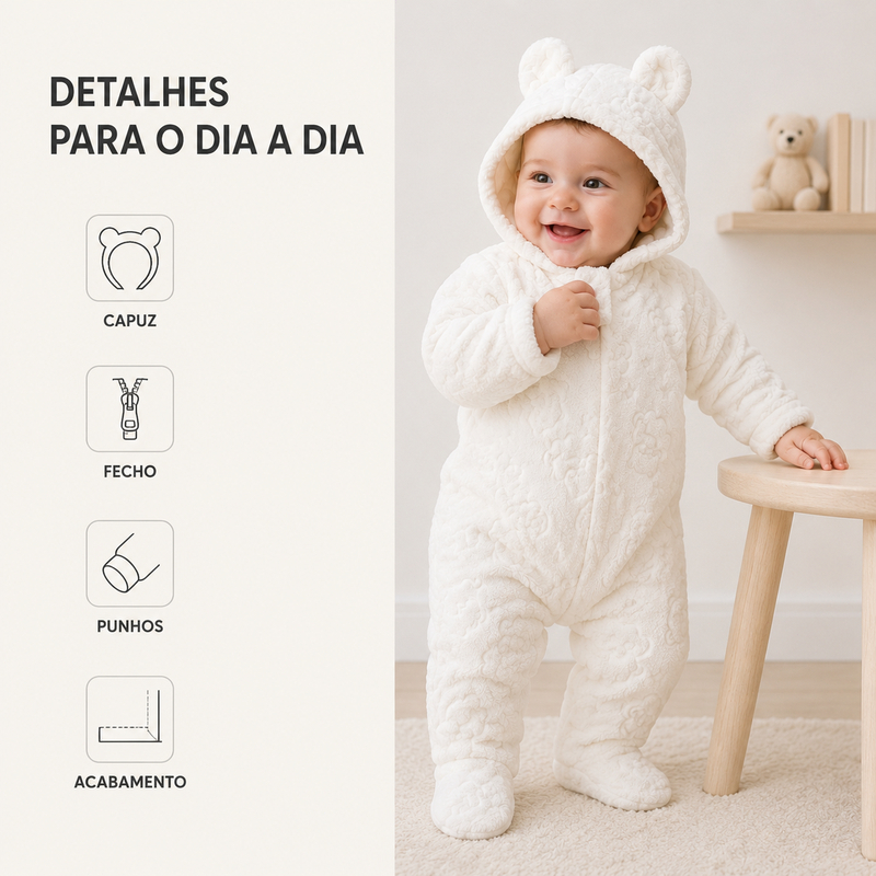 Macacão Bebê Plush Ursinho com Capuz | Quentinho, Macio e Confortável