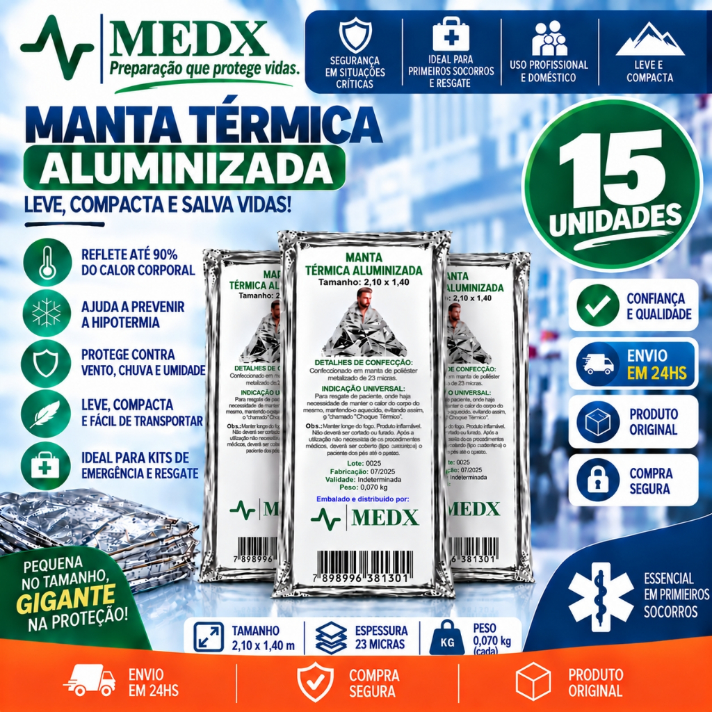 Kit 15 Un Manta Térmica Aluminizado Para Resgate, Emergência e Camping Isolamento Térmico