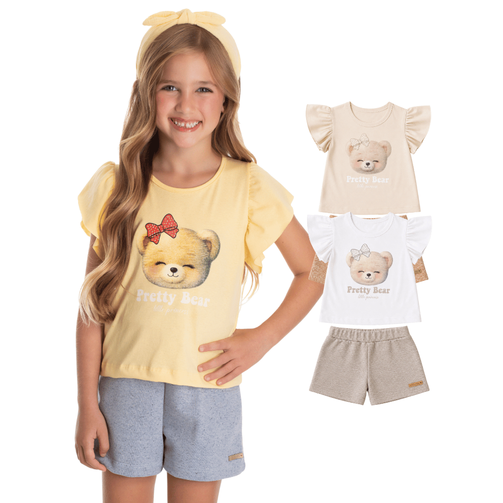 Conjunto Infantil Feminino Blusa Ursinho com Strass e Bermuda Moletinho Ecológico Tamanhos 4 6 8