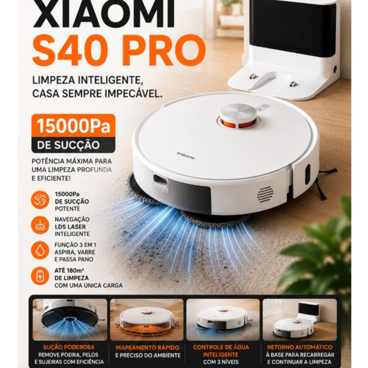 Xiaomi S40 Pro Robô Aspirador com Sucção Potente e Limpeza Automática