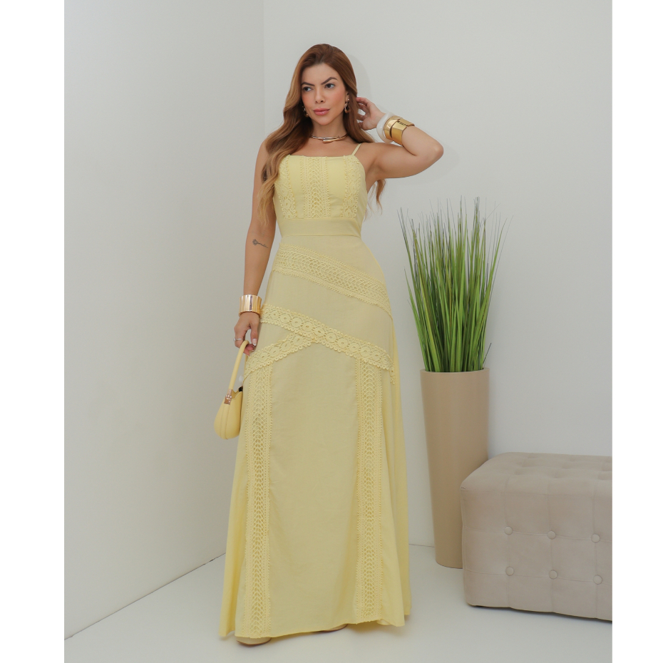 Vestido Longo Feminino de Alça com Renda Guipir Marcada Elegante Festa Verão SD4038