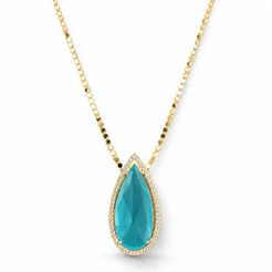 Colar Feminino Gota Azul Turquesa Cravejada com Zircônias Banho Ouro ou Prata Semijoia Luxo
