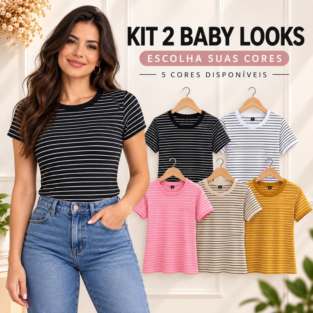 Kit 2 Camisetas Blusinha T-Shirt Feminina Listrada Estampa Exclusiva Básica Várias Cores Confortável