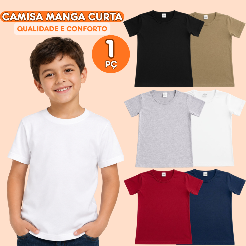Camisa Manga Curta Infantil Básica Lisa Unissex 1 Unidade Barato