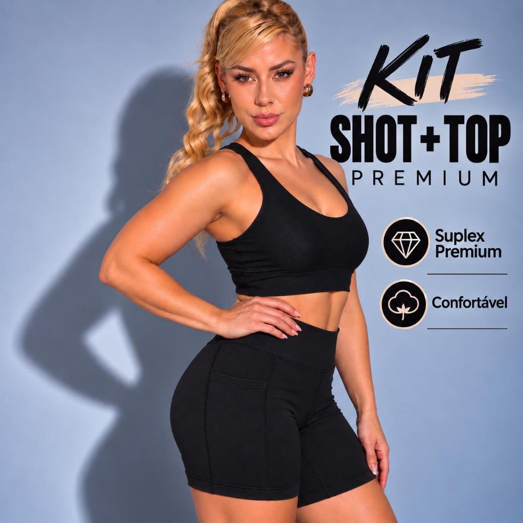 Conjunto Fitness Feminino Top + Short Suplex Academia Cintura Alta Bolso Bermuda Treino Corrida Gym Roupa Fitness Mulher