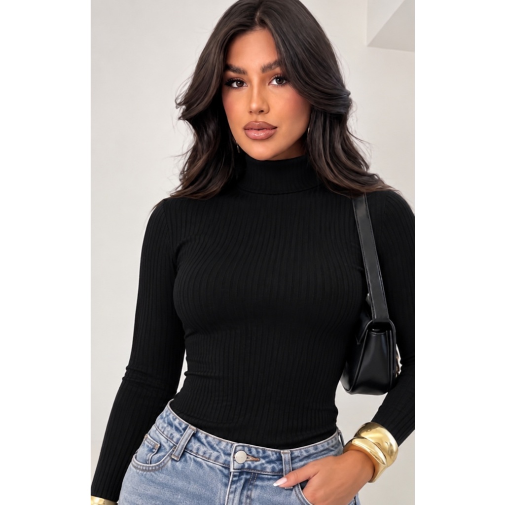 Blusa Cacharrel Feminina Gola Alta Canelada Manga Longa Inverno Segunda Pele Premium Promoção