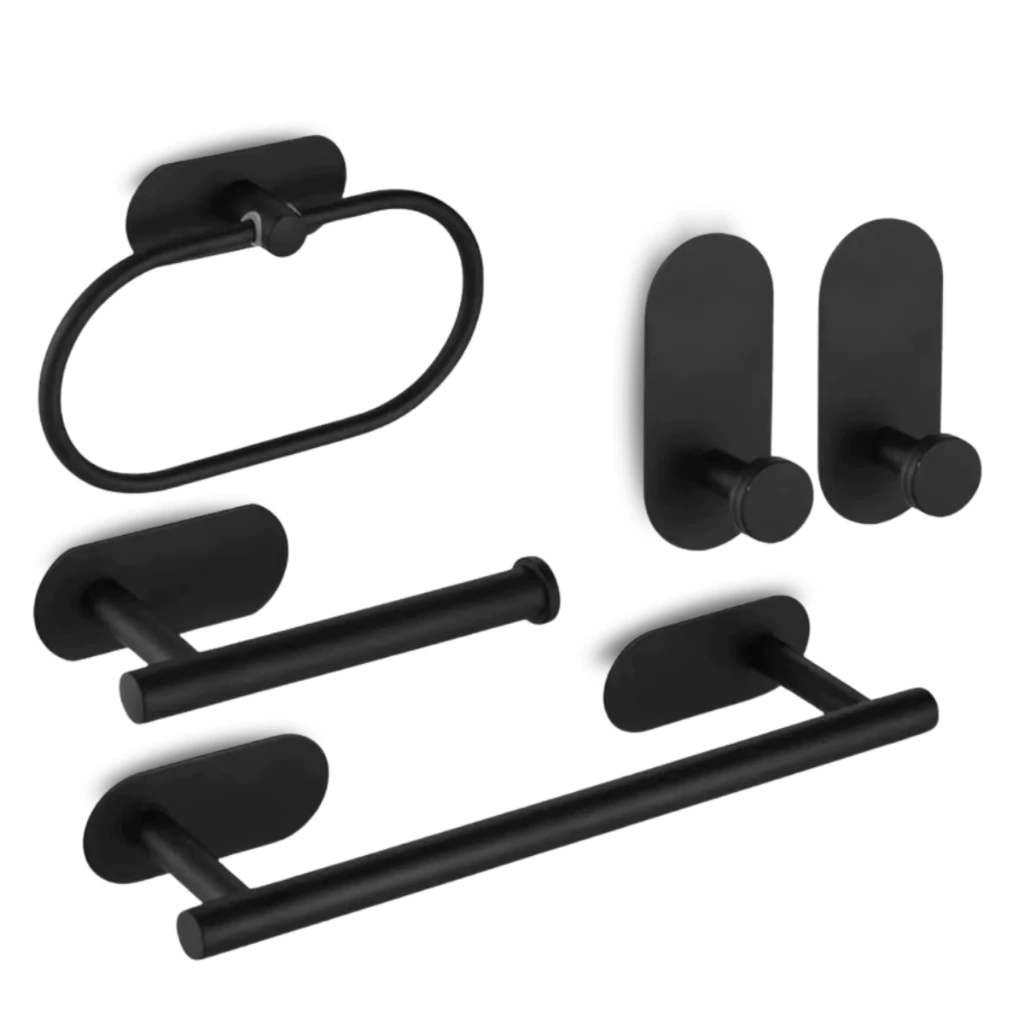 Kit Acessórios Banheiro 5 Peças, Aço Inox 304, Toalheiro, Suporte Papel Higiênico, Gancho, Instalação Sem Furação/Perfur