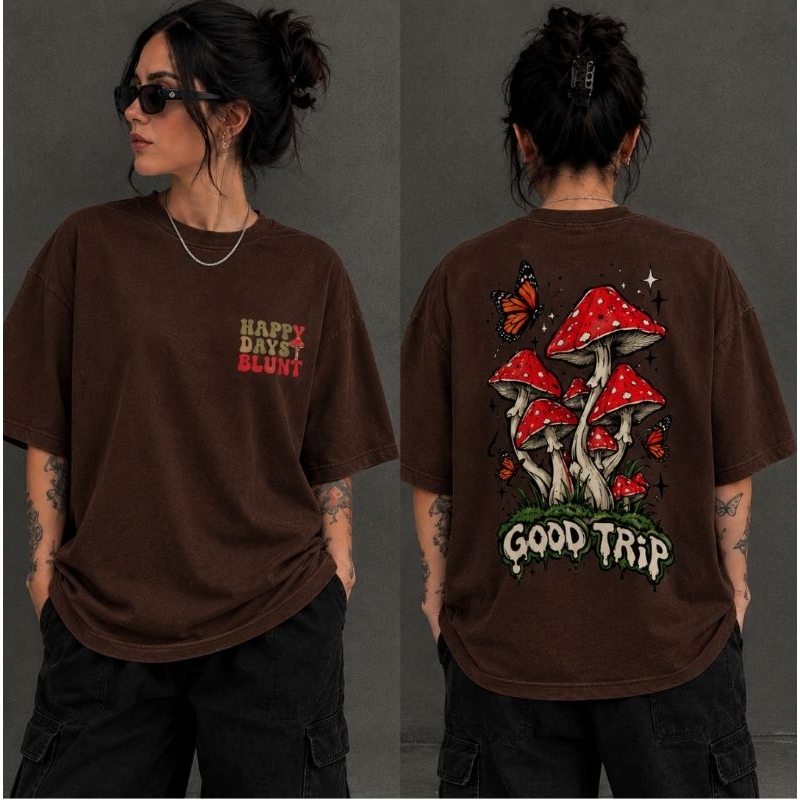 Camisa Camiseta Good Trip Streetwear Estampada unissex Algodão Urbana Casual Estilosa Cogumelo Borboleta - não oversized
