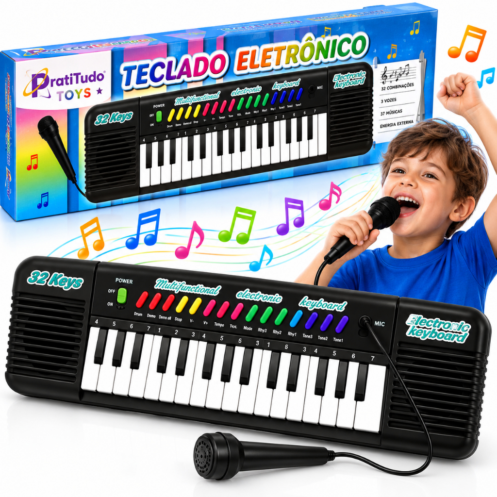 Teclado Musical Infantil 32 Teclas Com Microfone Karaokê Piano Eletrônico Brinquedo Educativo Pratitudo Toys