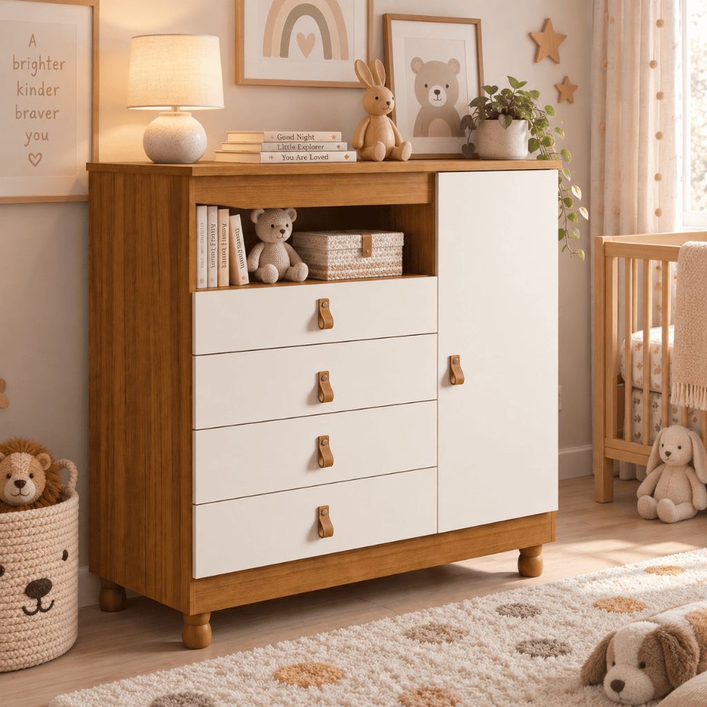 Cômoda Bebê Sapateira 4 Gavetas Pés Reguláveis Ideal para Quarto de Bebê multiuso organizador