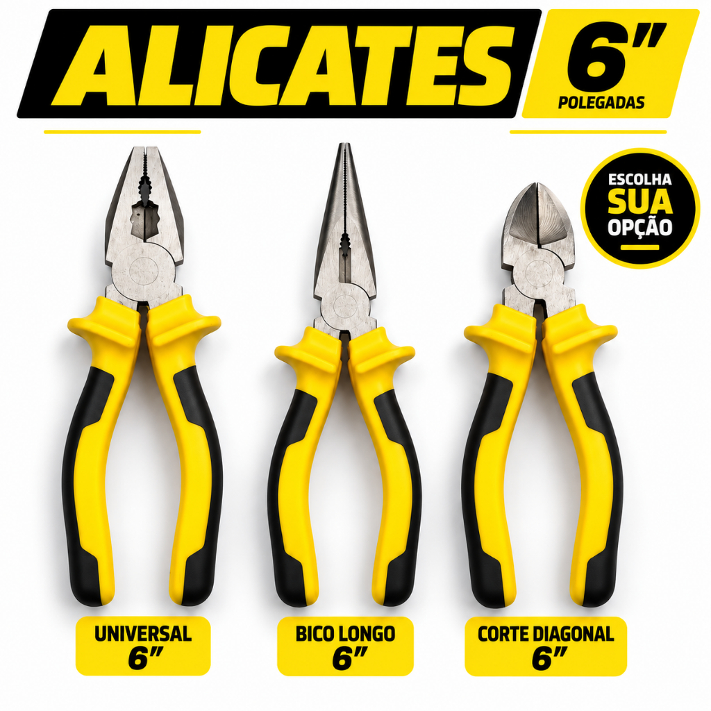 Kit Alicate Profissional 6 polegadas Universal Corte Diagonal ou Bico Fino Resistente Uso Ofina ou Doméstico