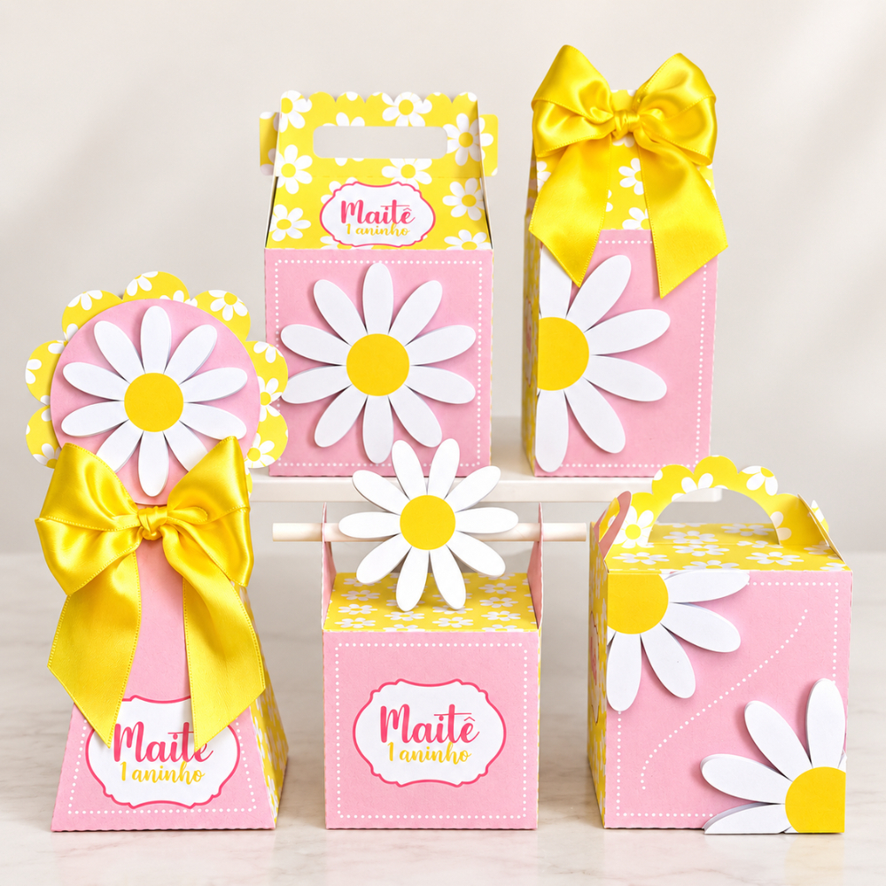 Kit Lembrancinha Margaridas Personalizado com Nome | Caixinhas Festa Infantil