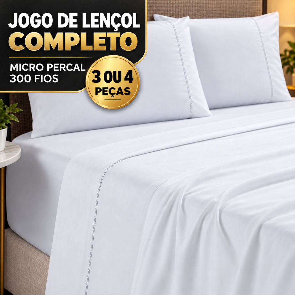 Jogo de Lençol Completo 300 Fios Micropercal Ponto Palito com Elástico Solteiro Casal Queen King 3 ou 4 Peças