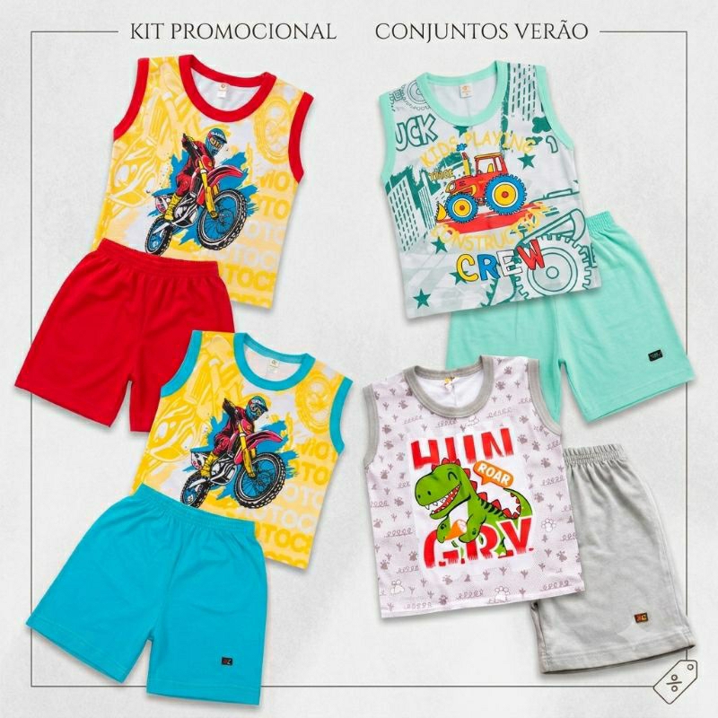 Kit 4 peças infantil menino regata em algodão e bermuda em moletinho verão 2 conjuntos sortidos