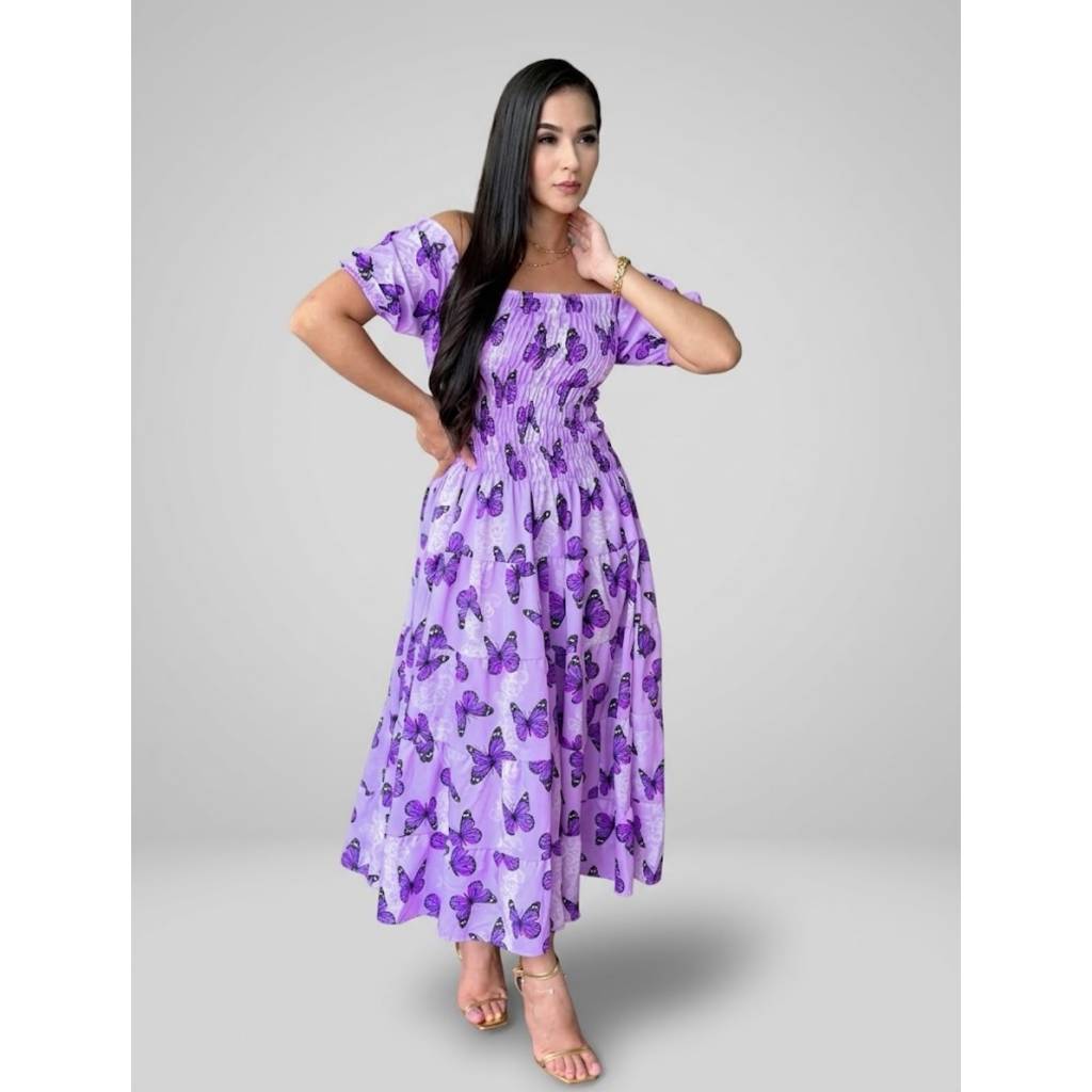 Vestido feminino elegante estiloso casual babado lastex moda evangelica estampado Manga bufante ref130