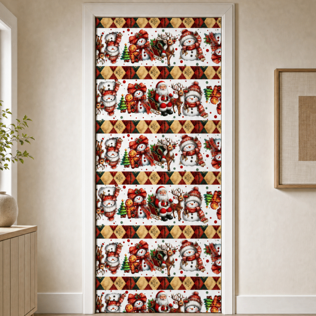 Kit 2 Capas de Porta Natalina em Tecido Estampado para Entrada Casa Decoração de Natal e Fim de Ano