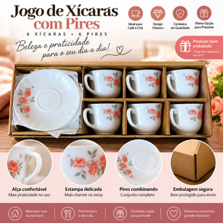 Jogo 6 Xicaras com Pires Porcelana Fratelli Decorado 220ml Red Rose Sofisticado