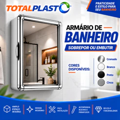 Armário Plástico Banheiro Espelho Vidro 2mm Moldura Cromada Branco Preto Sobrepor Embutir Parafusos e Buchas Espelheira