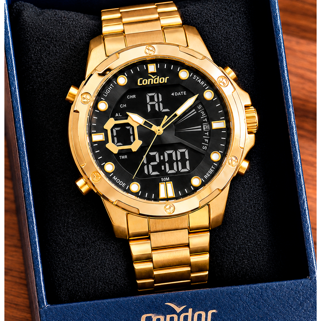 Relógio Condor Masculino Dourado Anadigi Original Garantia