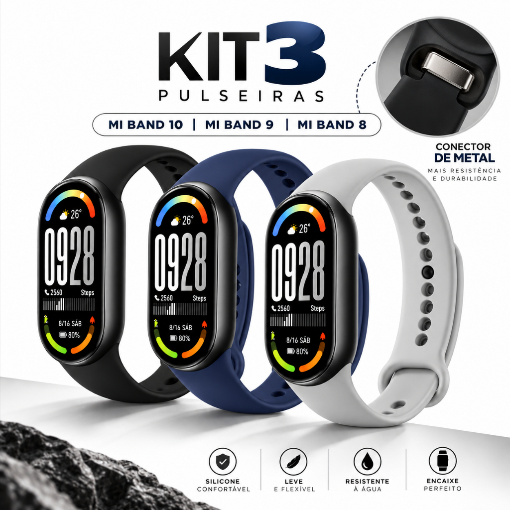 Pulseira Mi Band 10 9  Smart Band 8 Xiaomi Silicone Esportiva Conector Metal