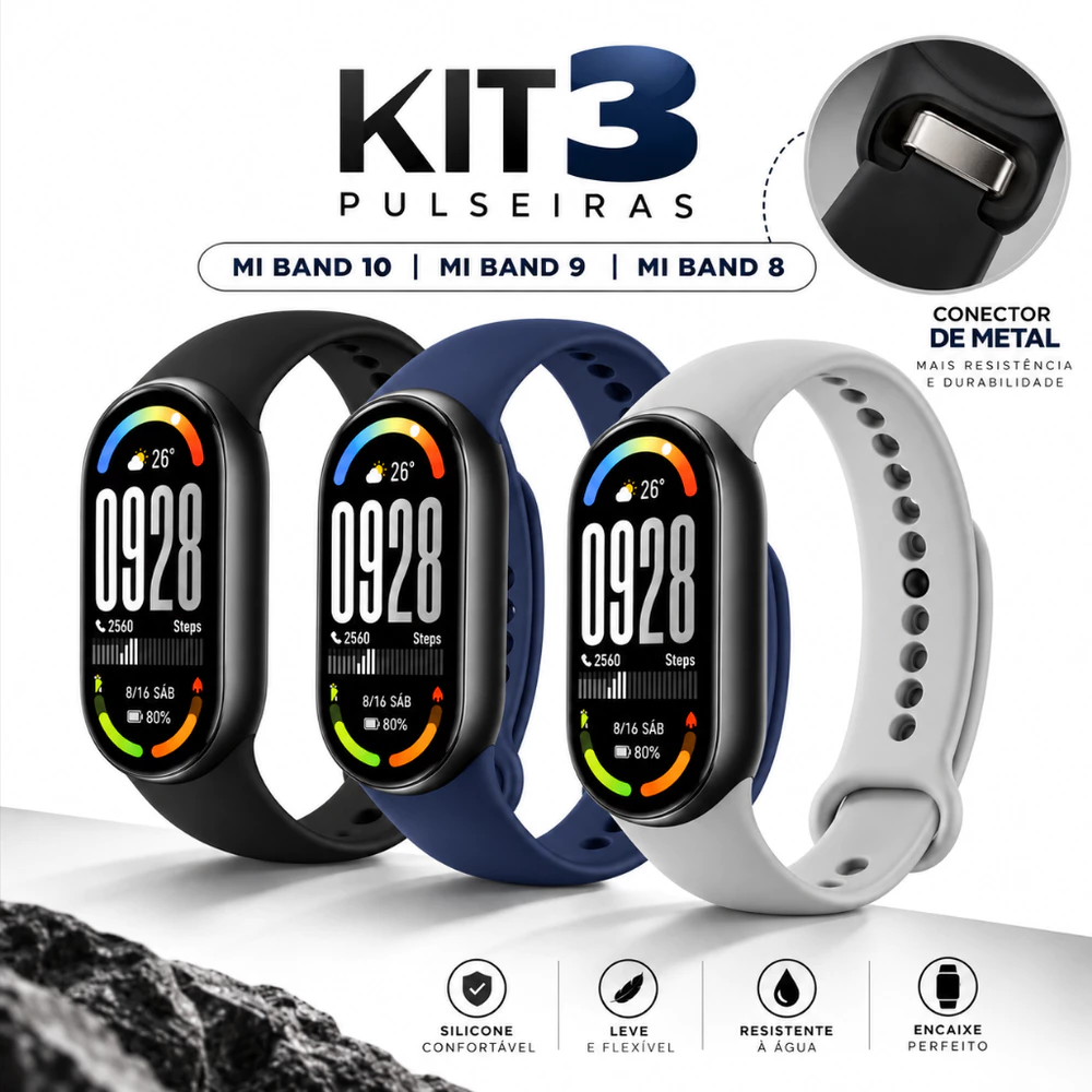 Pulseira Mi Band 10 9 Smart Band 8 Xiaomi Silicone Esportiva Conector Metal