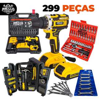 Kit Jogo Ferramentas 299 Peças com Parafusadeira Furadeira 48V Sem Fio + Jogo Soquetes 46 + Jogo chave fixas 6 pçs Mello