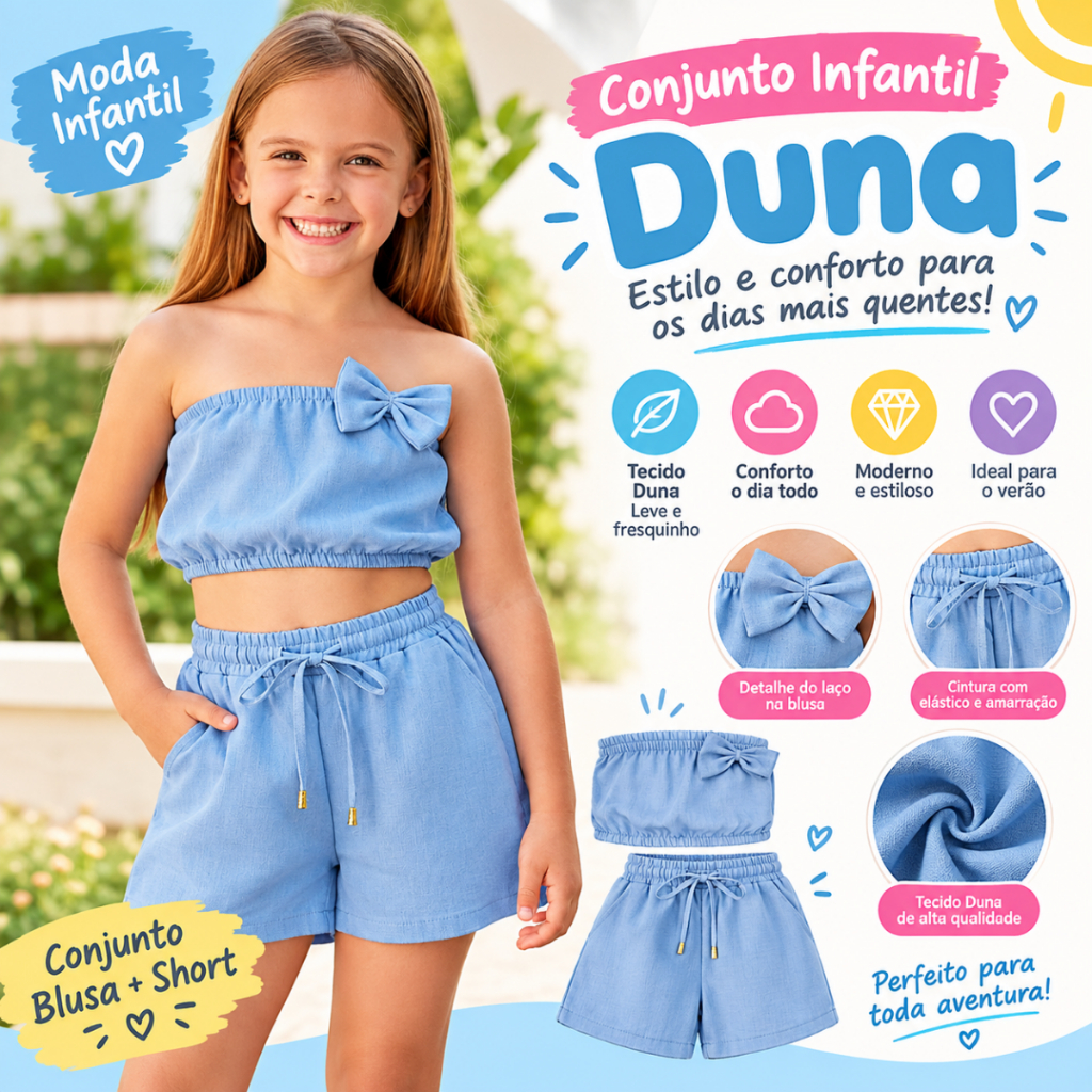Conjunto Infantil duna Menina Estilosa Verão Fresquinho e Confortável