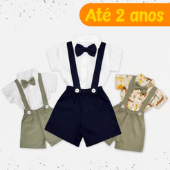 Conjunto Infantil Social Camisa + Bermuda com Suspensório + Gravata Borboleta Bebê até 2 anos
