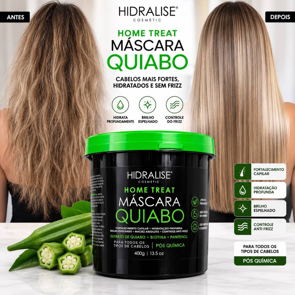 Máscara De Quiabo Hidratação 400g  Biotina, Extrato de Quiabo, Pantenol Hidralise Cabelo Forte