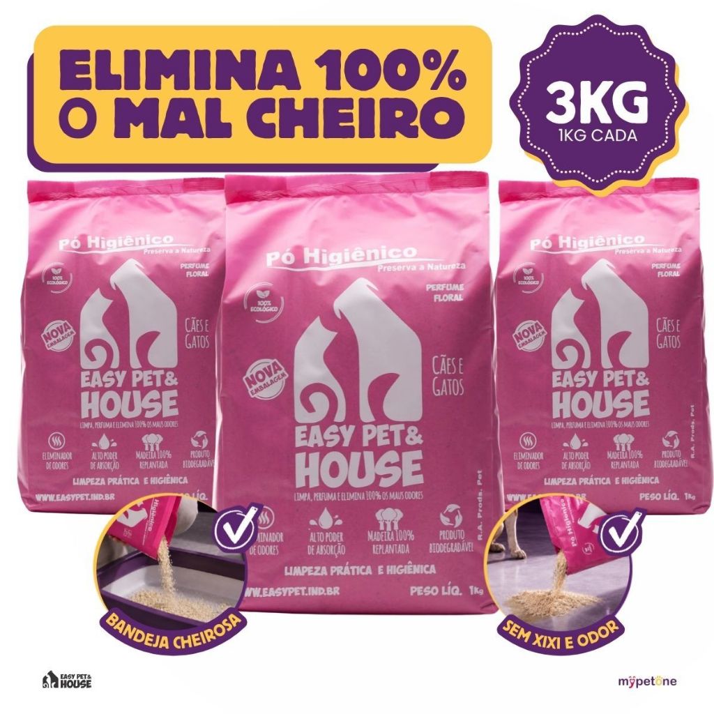 Pó Higiênico 1kg Floral Antiodor Seca Xixi Cães e Gatos EasyPet Limpeza Fácil com Ação Bactericida 1,2,3 ou 4 Unidades