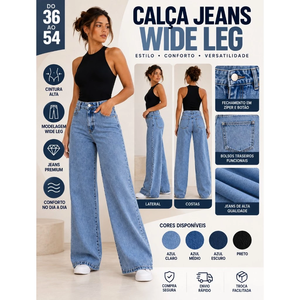 Calça Wide Leg Jeans Feminina Tamanho 34 ao 44
