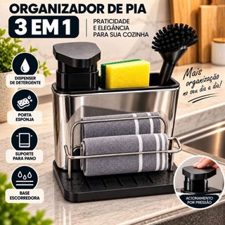 Organizador de Pia 3 em 1 Aço Inox com Dispenser de Detergente Porta Esponja Suporte para Pano - CH