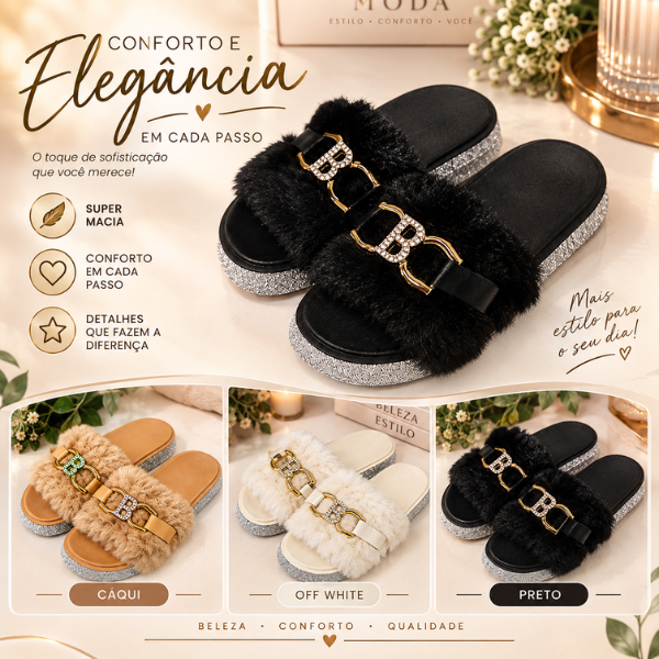 Sandália Feminina Rasteira com Pelo e Strass Dourado Várias Cores TAMANHO PEQUENO CONSULTE TABELA