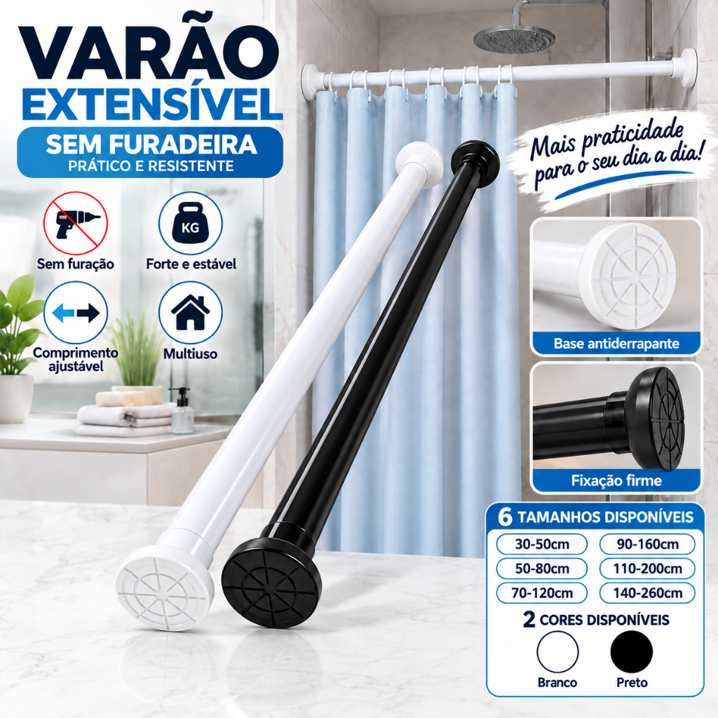 Varão Extensível de Pressão Sem Furar paraCortina de Banheiro e Janela Branco/Preto 6Tamanhos